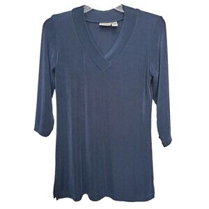 Chico's Travelers Slinky Knit Blue V-Neck 3/4 Sleeve Tunic Size 1 Medium